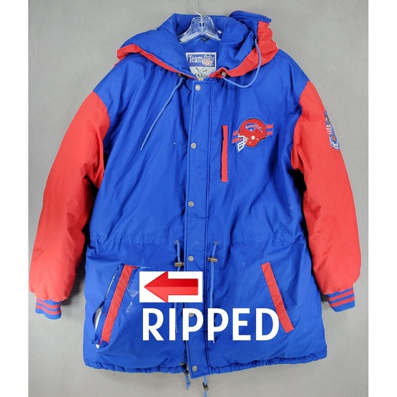 FLAWS** Vintage 90s Buffalo Bills NFL Jacket XL Parka Triple FAT‎ Goose Blue Red